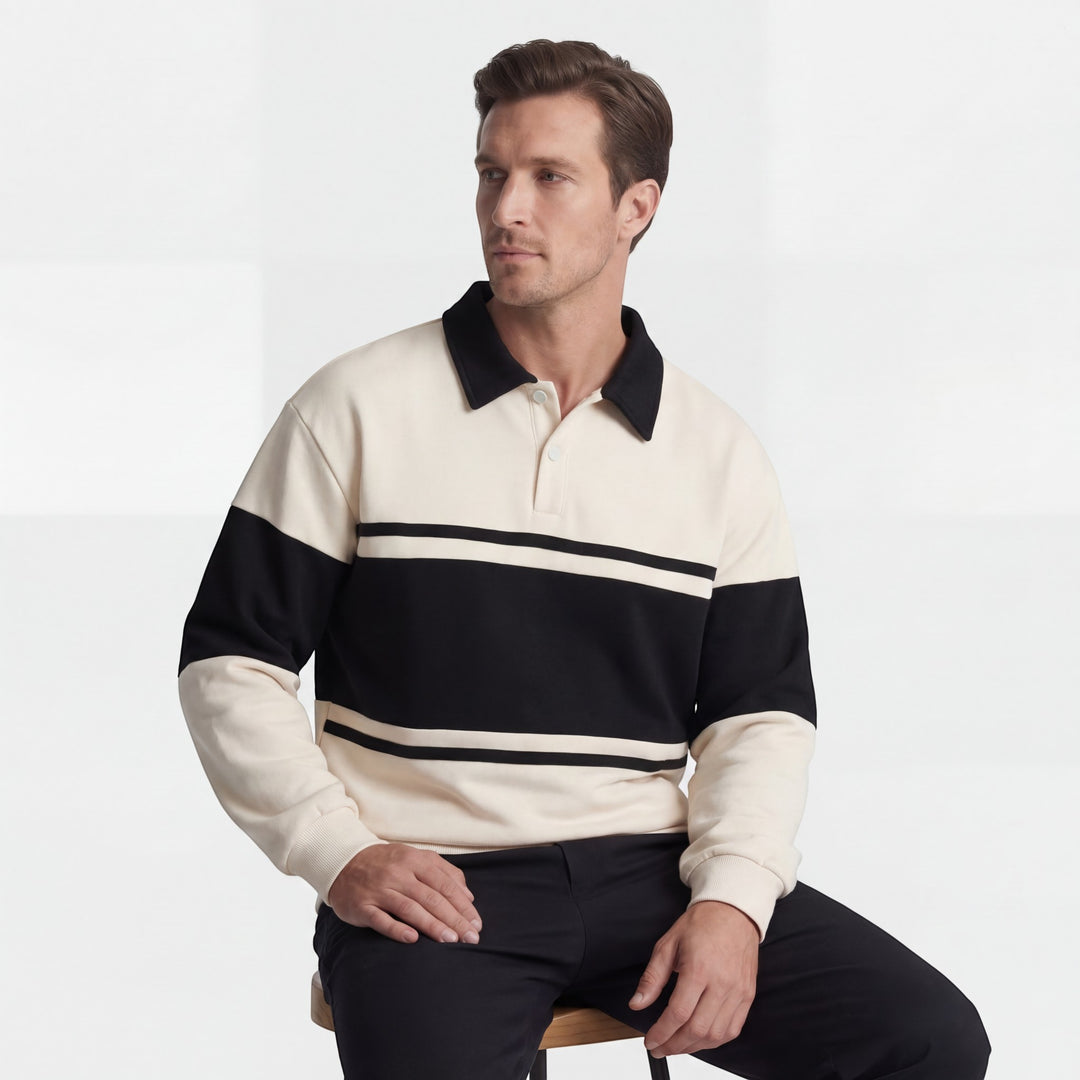 Herren Sweatshirt aus Baumwollmischung – Gestreiftes Muster Weite Passform Polokragen