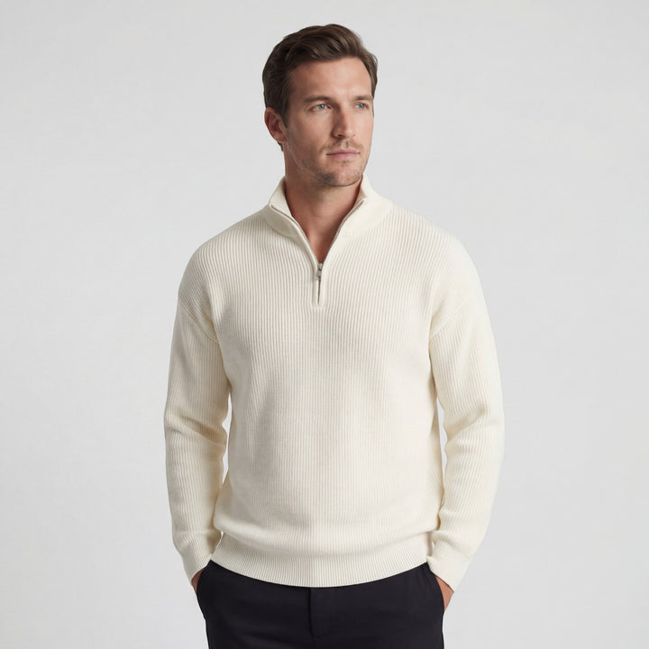 Herrenpullover aus Feinstrick mit halbem Reißverschluss – Stehkragen