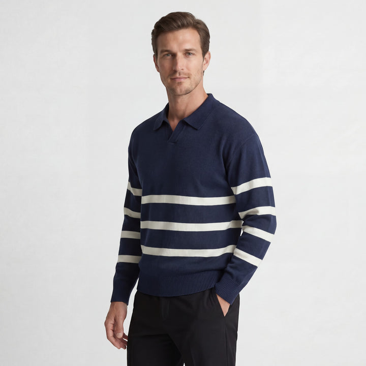 Polo uomo in cotone misto – Polo maniche lunghe a righe contrastanti