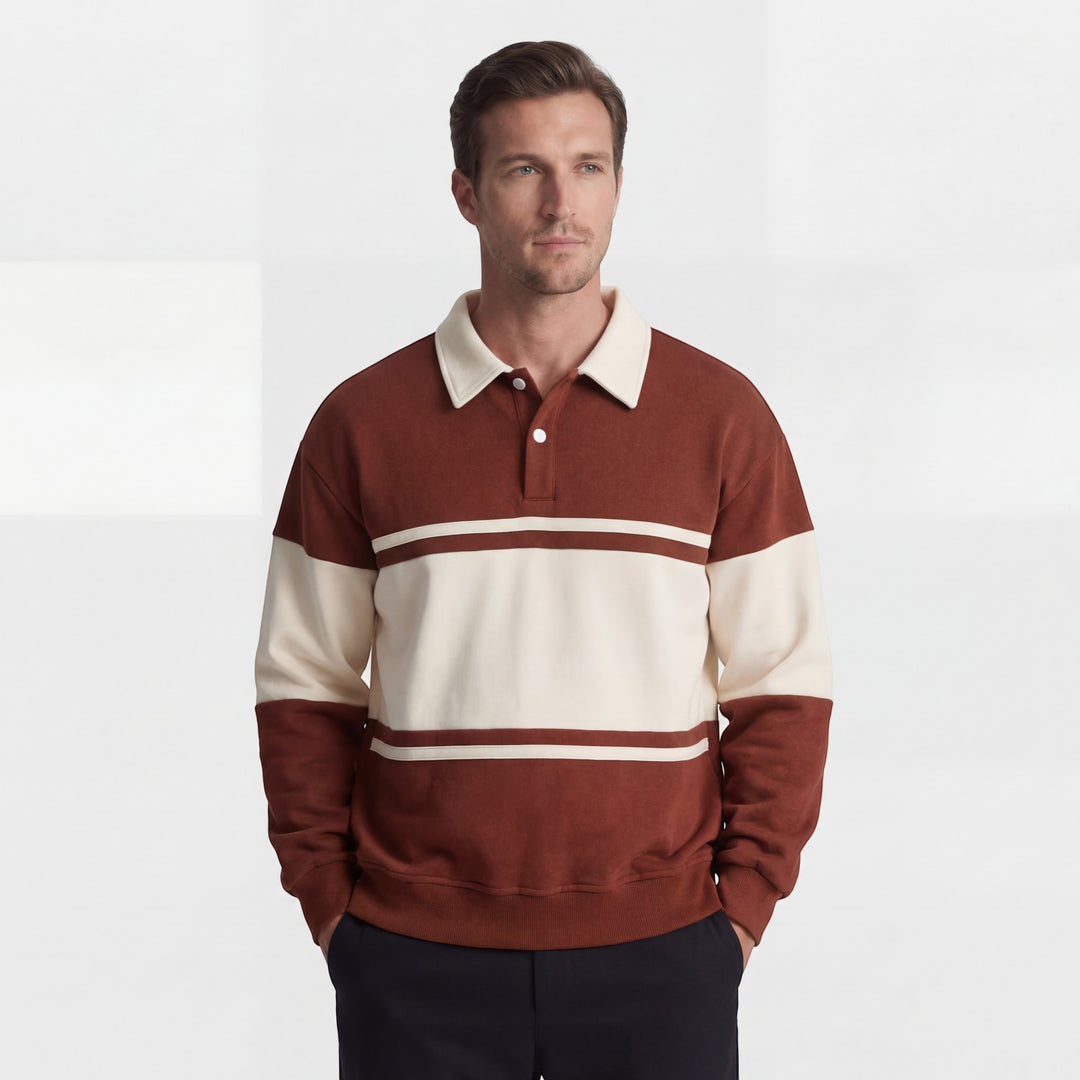 Herren Sweatshirt aus Baumwollmischung – Gestreiftes Muster Weite Passform Polokragen