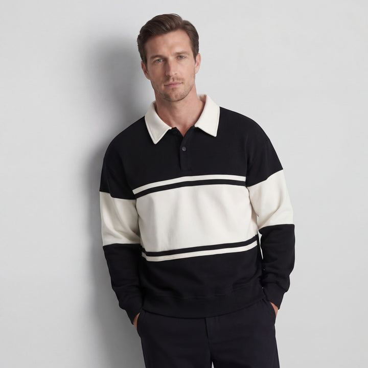 Herren Sweatshirt aus Baumwollmischung – Gestreiftes Muster Weite Passform Polokragen