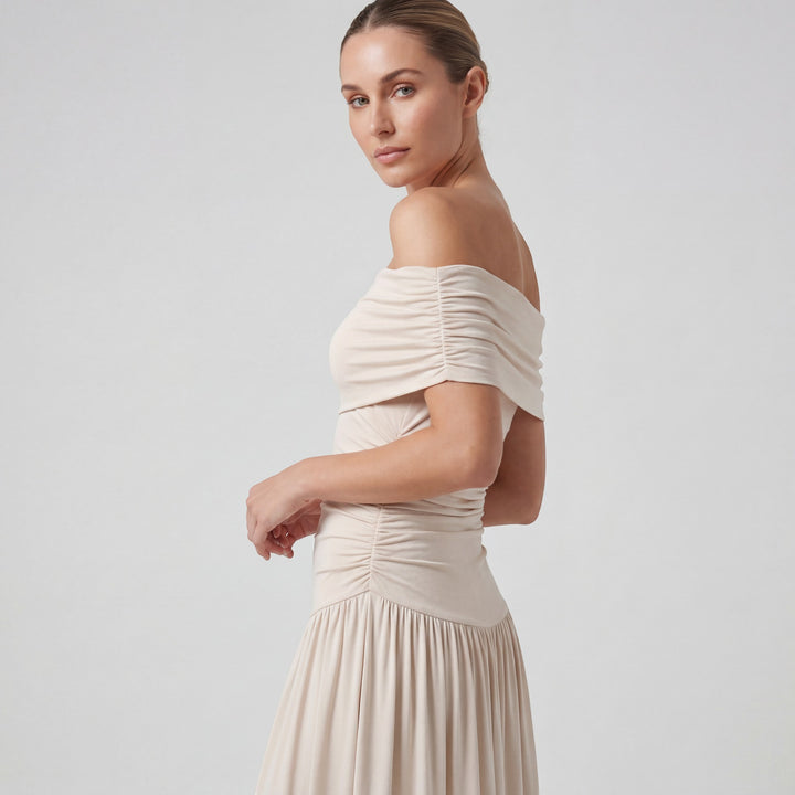 Claire Mode | Damen langes, plissiertes Kleid mit schulterfreiem Schnitt