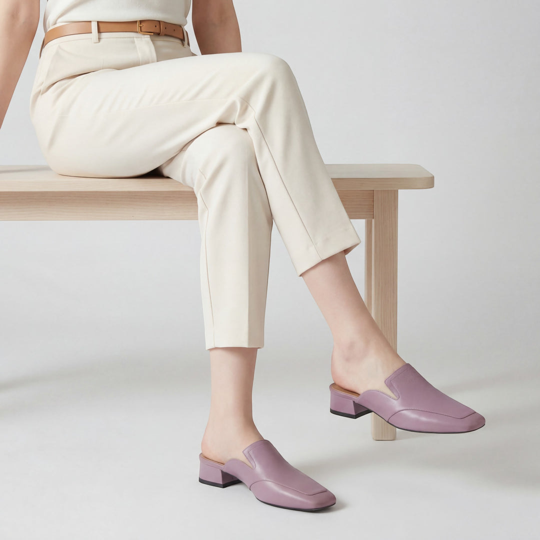 Damen Mules mit Absatz aus Leder – Schicke quadratische Spitze