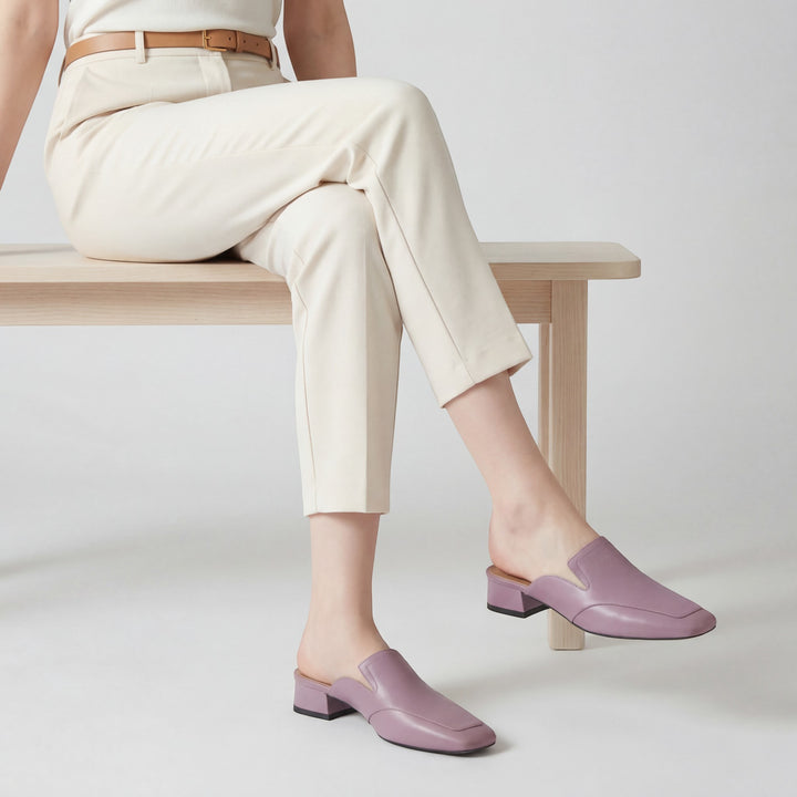 Damen Mules mit Absatz aus Leder – Schicke quadratische Spitze