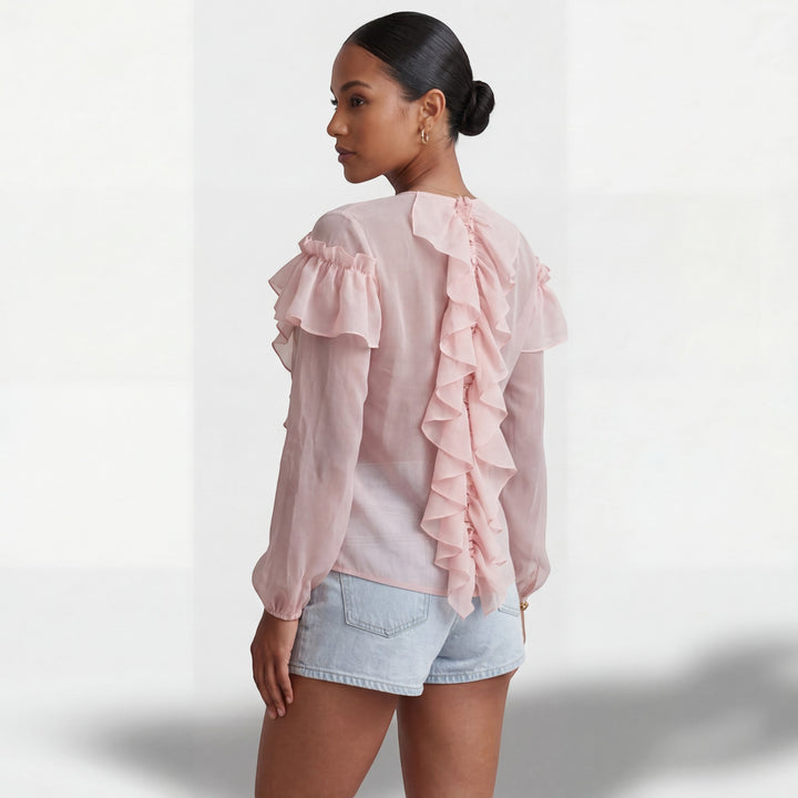 Damen Bluse mit V-Ausschnitt und Volants – Lange Ärmel, weiter Schnitt | Leichte Chiffon
