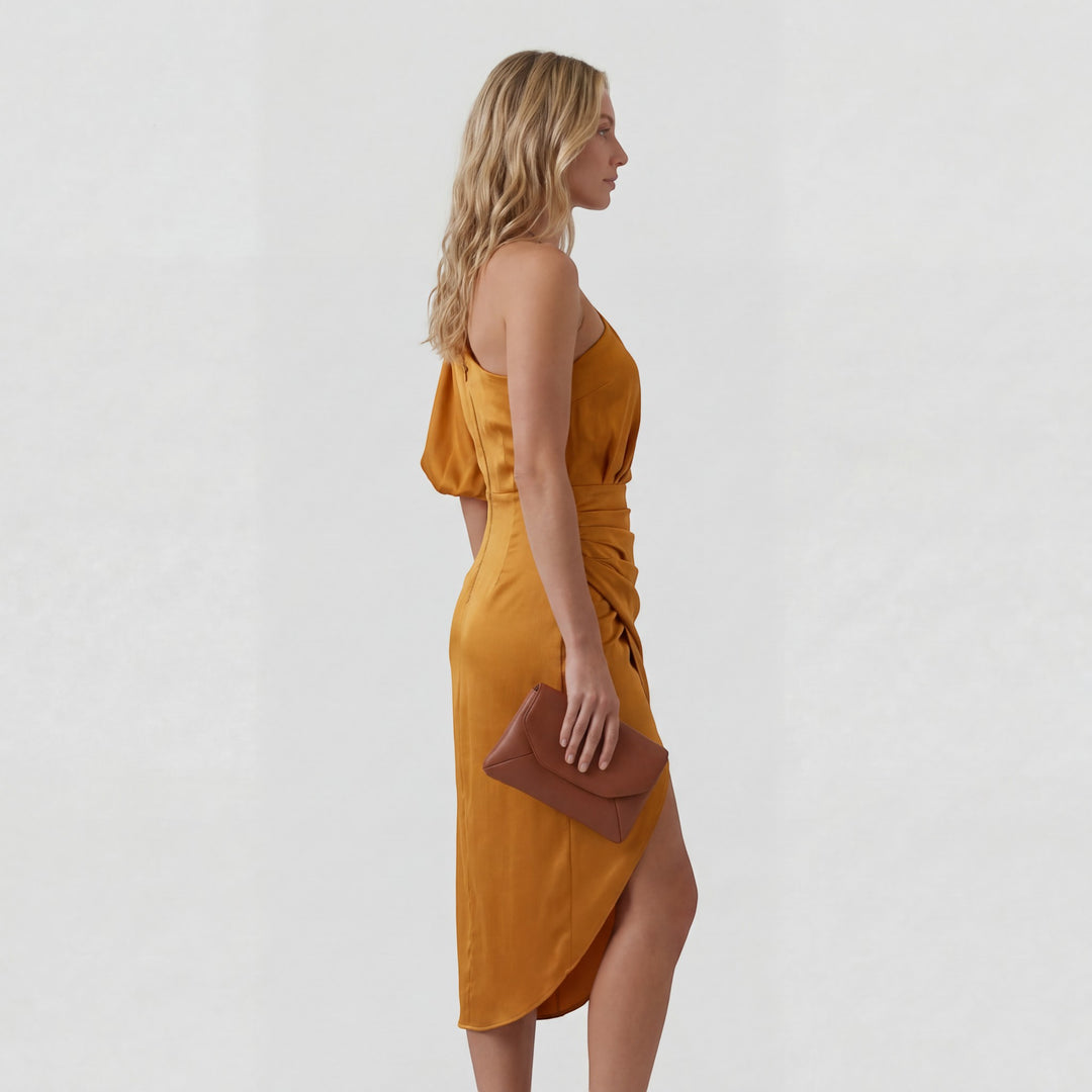 Asymmetrisches Abendkleid für Damen mit einer Schulter – Slim Fit Midi mit Schlitz | Baumwollmischung
