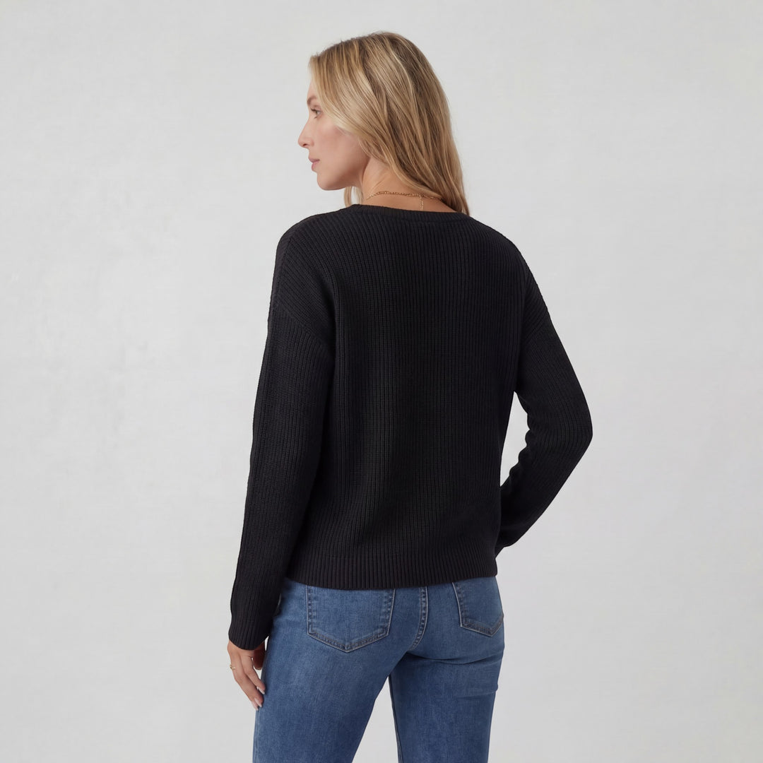 Damen Pullover mit Rundhalsausschnitt – Lässiger Schnitt mit Brusttasche | Gerippter Strick