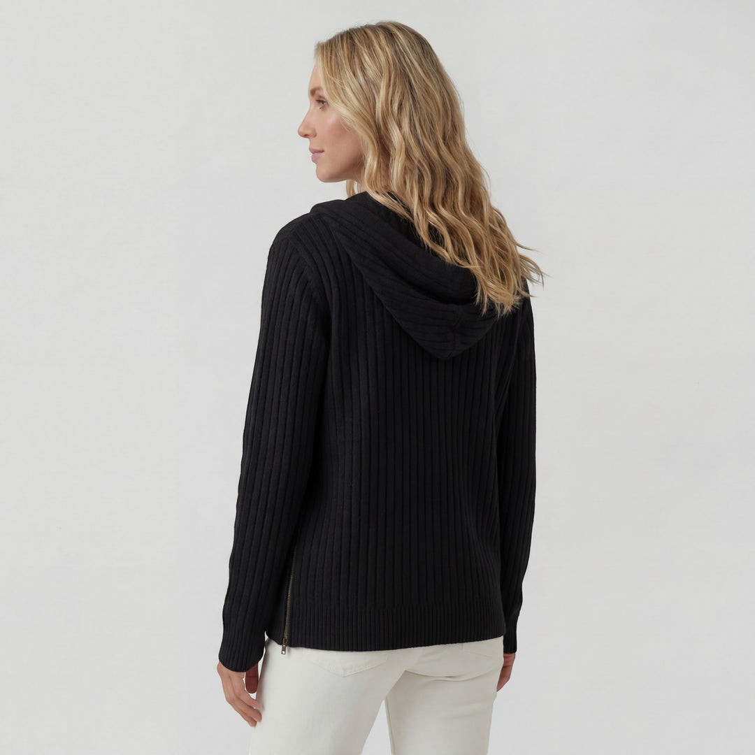 Damen Cardigan aus geripptem Strick – Reißverschluss mit Kapuze, weiter lässiger Schnitt