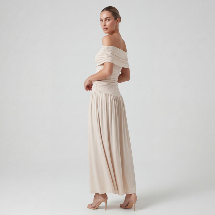 Claire Mode | Damen langes, plissiertes Kleid mit schulterfreiem Schnitt