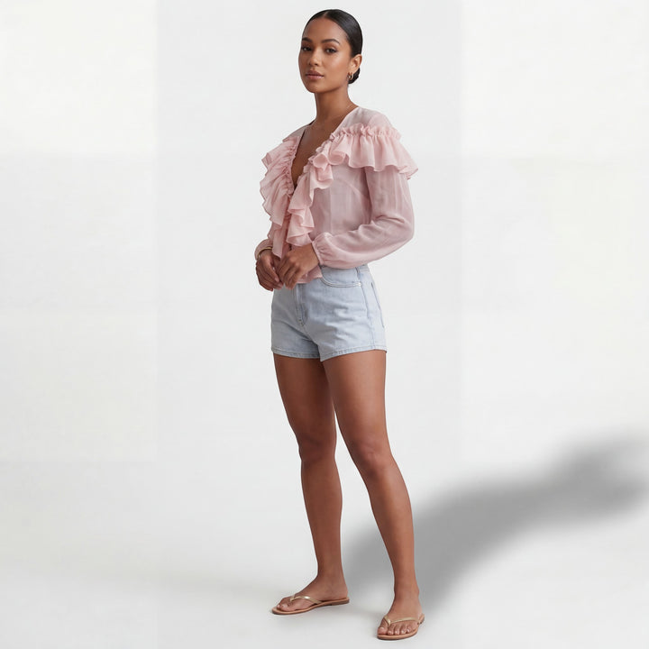 Damen Bluse mit V-Ausschnitt und Volants – Lange Ärmel, weiter Schnitt | Leichte Chiffon