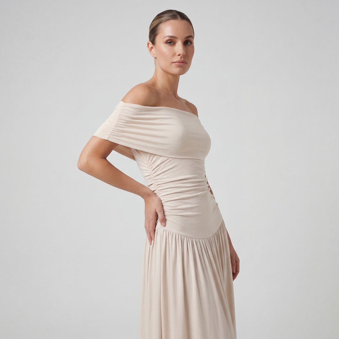 Claire Mode | Damen langes, plissiertes Kleid mit schulterfreiem Schnitt