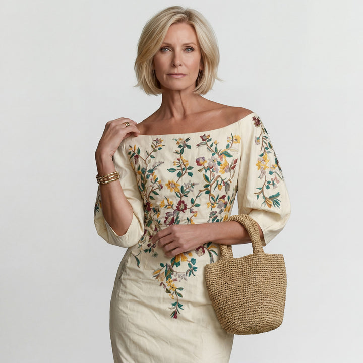 Damen Midikleid mit schulterfreiem Schnitt – Taillierter Schnitt | Baumwollmischung