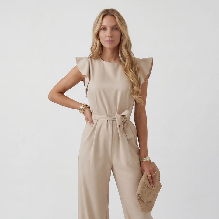 Damen Jumpsuit mit weitem Bein – Hohe Taille mit Bindegürtel | Fließend Drapierter gewebter Stoff