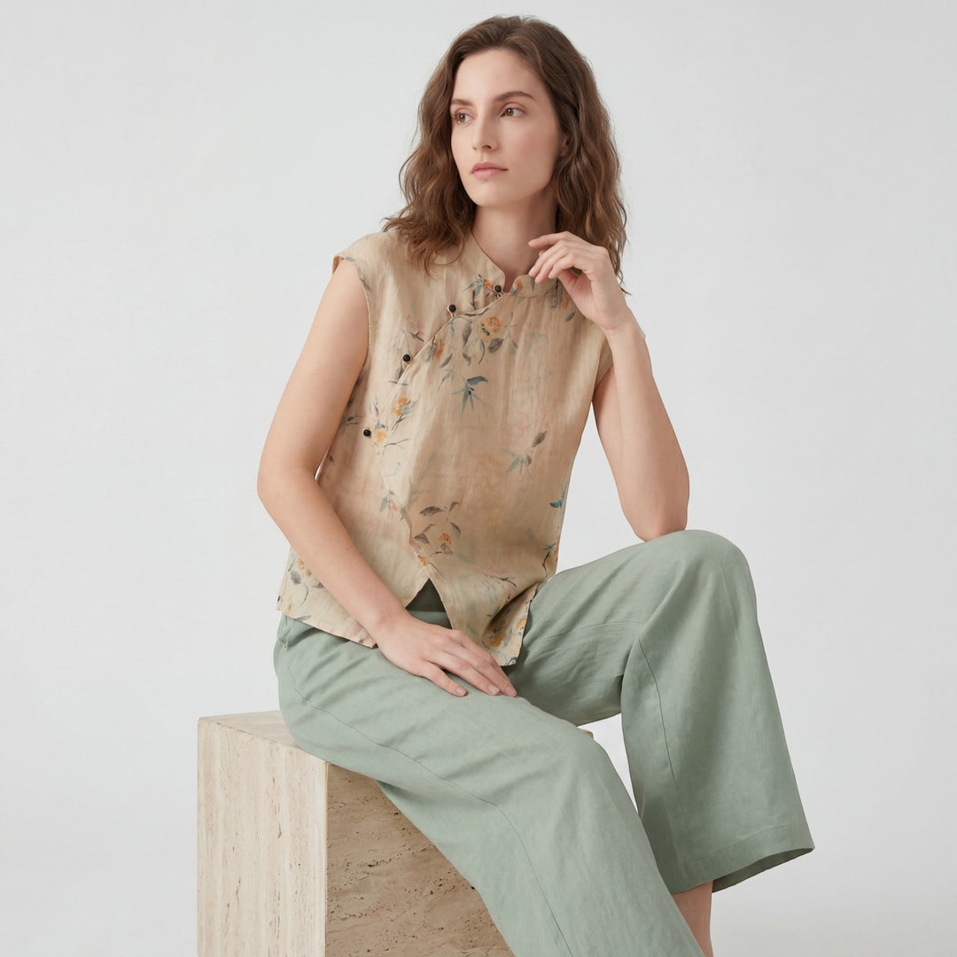 Claire Mode | Blusa donna senza maniche in cotone stampato retrò