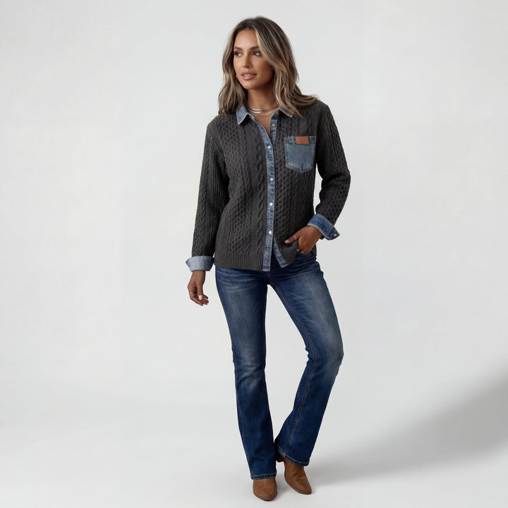 Patchwork Jeans Strickhemd für Damen – Knopfleiste, Lässiger Schnitt
