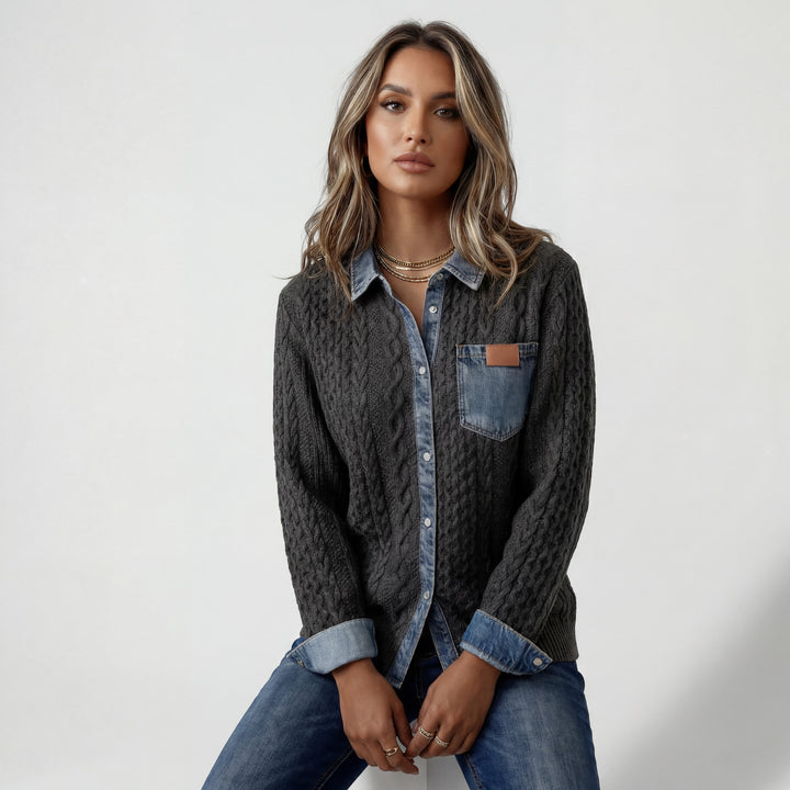 Patchwork Jeans Strickhemd für Damen – Knopfleiste, Lässiger Schnitt