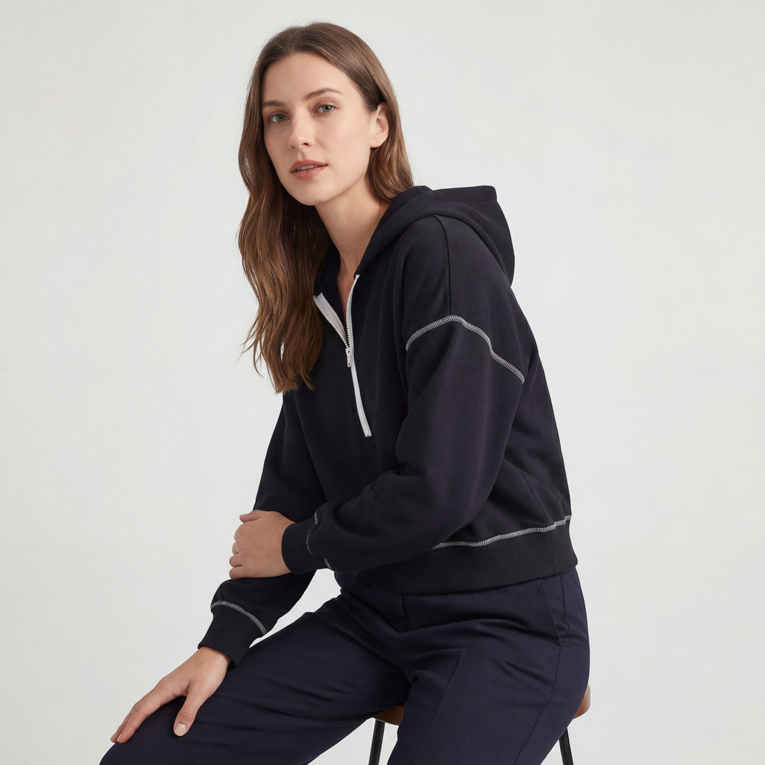 Kurzer Kapuzenpullover aus Mischbaumwolle für Damen – Halb-Reißverschluss, Weiter Schnitt