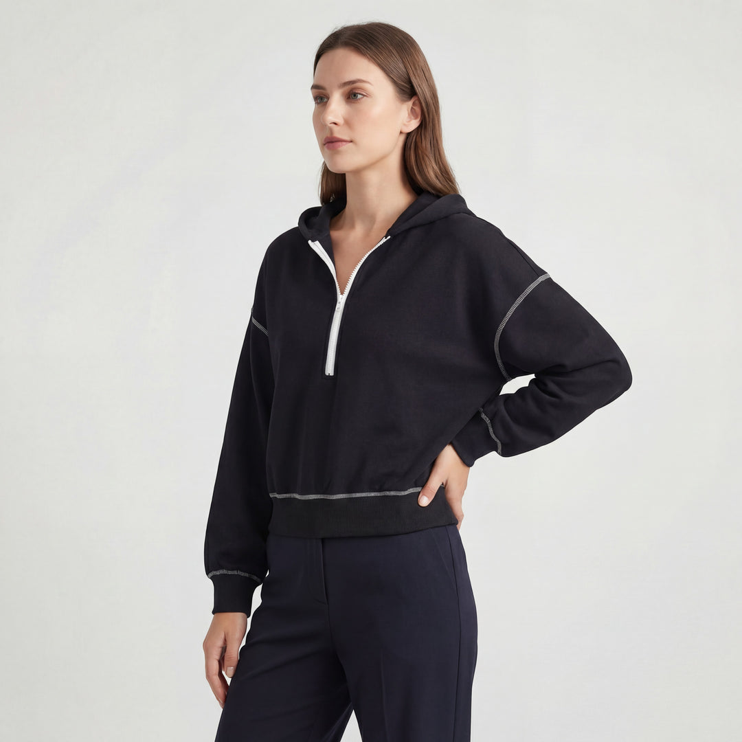 Kurzer Kapuzenpullover aus Mischbaumwolle für Damen – Halb-Reißverschluss, Weiter Schnitt