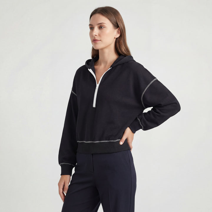 Kurzer Kapuzenpullover aus Mischbaumwolle für Damen – Halb-Reißverschluss, Weiter Schnitt