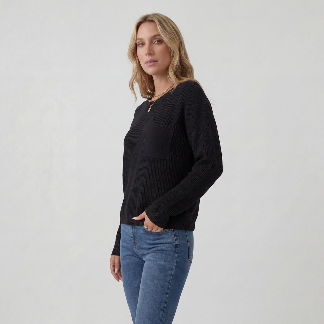 Damen Pullover mit Rundhalsausschnitt – Lässiger Schnitt mit Brusttasche | Gerippter Strick