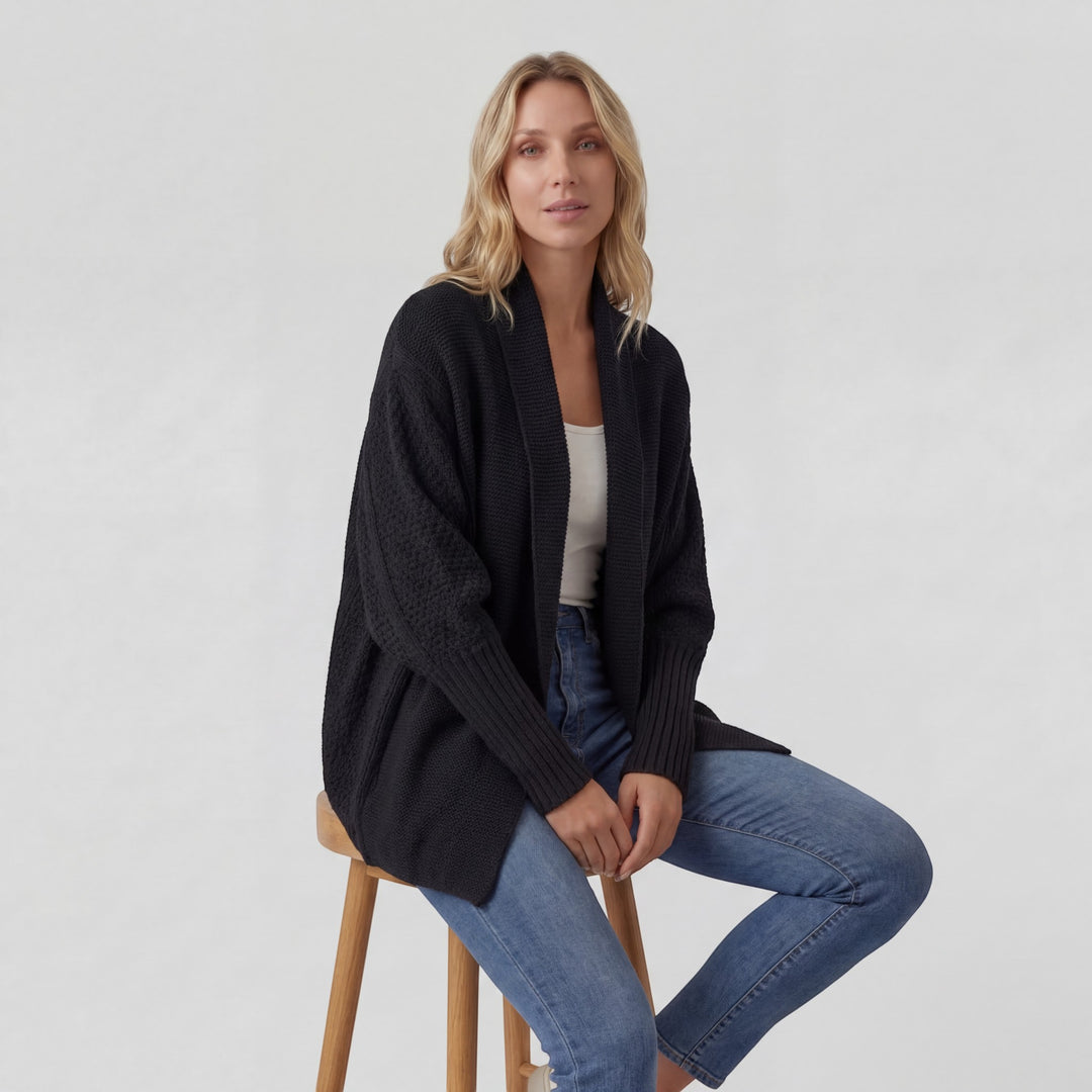 Damen Cardigan aus gemischtem Acrylstrick – Fledermausärmel, weiter offener Schnitt
