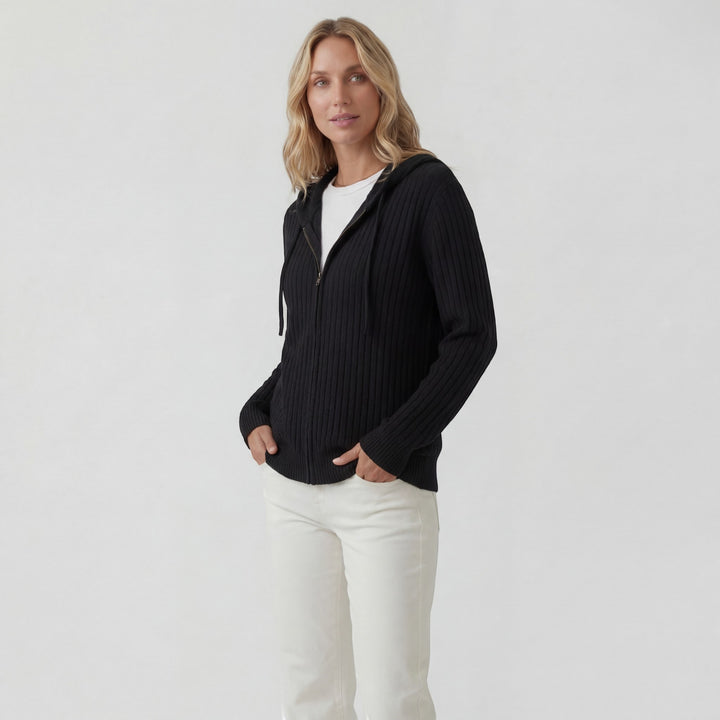 Damen Cardigan aus geripptem Strick – Reißverschluss mit Kapuze, weiter lässiger Schnitt