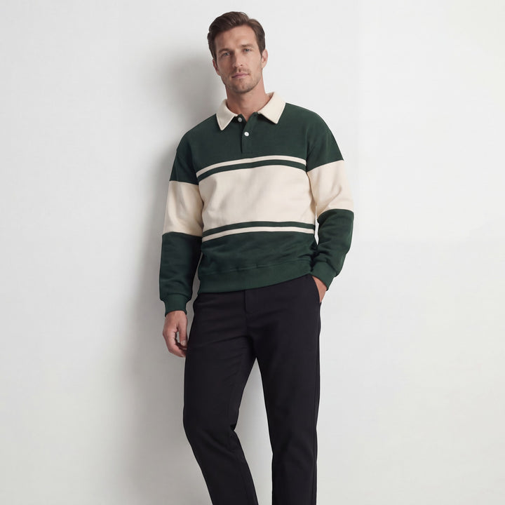 Herren Sweatshirt aus Baumwollmischung – Gestreiftes Muster Weite Passform Polokragen