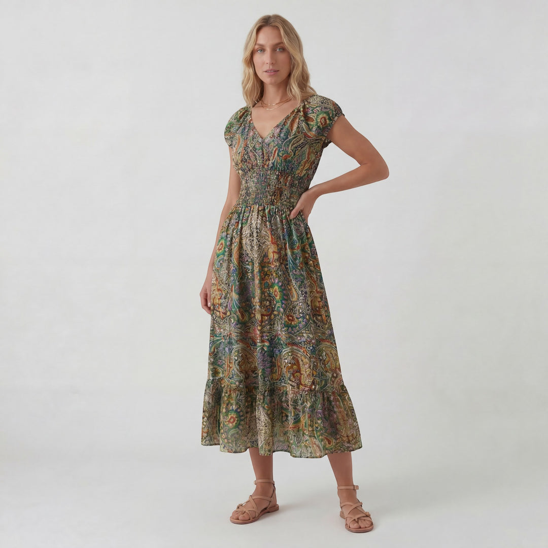 Boho Maxikleid mit V-Ausschnitt für Damen – Lässiger Schnitt mit fließendem Rock | Leichter gewebter Stoff
