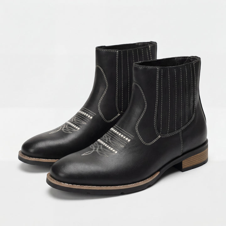 Herren-Stiefeletten aus besticktem Leder – Quadratischer Absatz, ohne Schnürsenkel