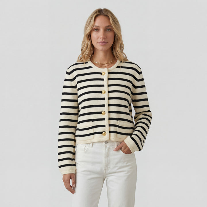 Damen kurzer Strickcardigan – Gestreift mit Knopfverschluss