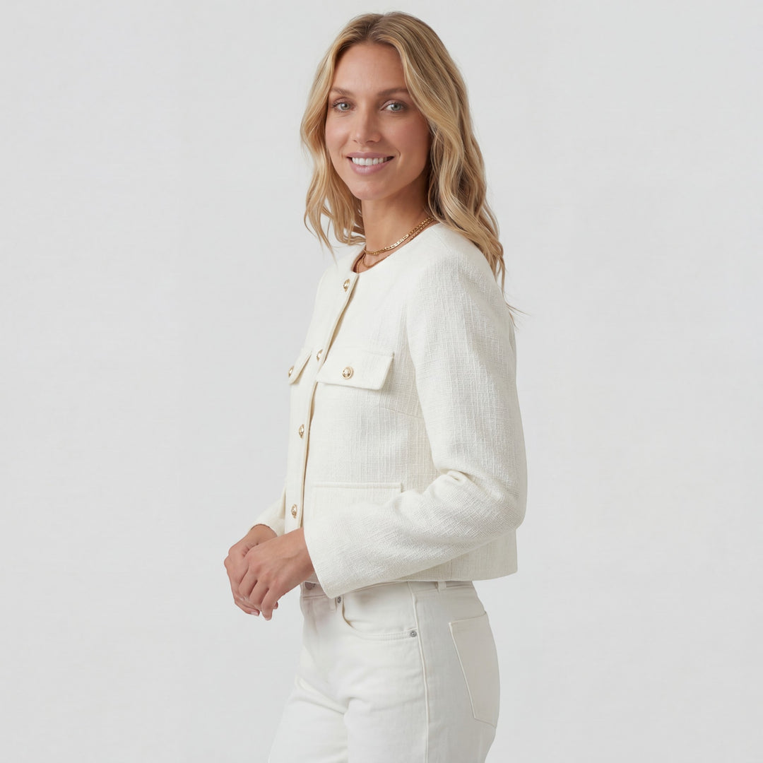 Damen kurzer Blazer aus Stoff – Leicht weite strukturierte Passform
