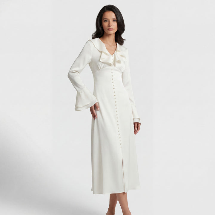 Damen Midikleid aus Stoff – Detail mit Volantkragen