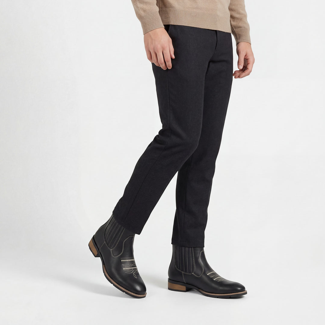 Herren-Stiefeletten aus besticktem Leder – Quadratischer Absatz, ohne Schnürsenkel