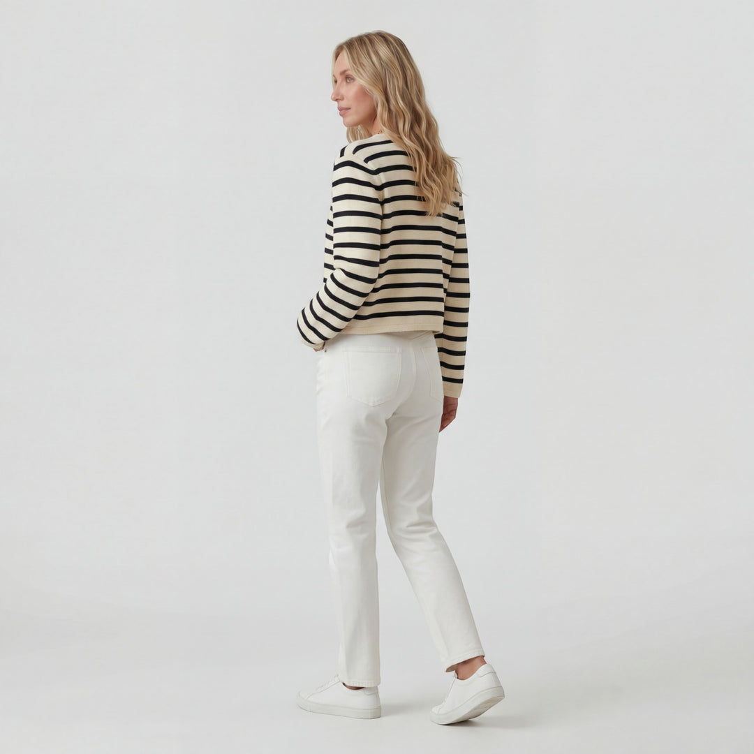 Damen kurzer Strickcardigan – Gestreift mit Knopfverschluss