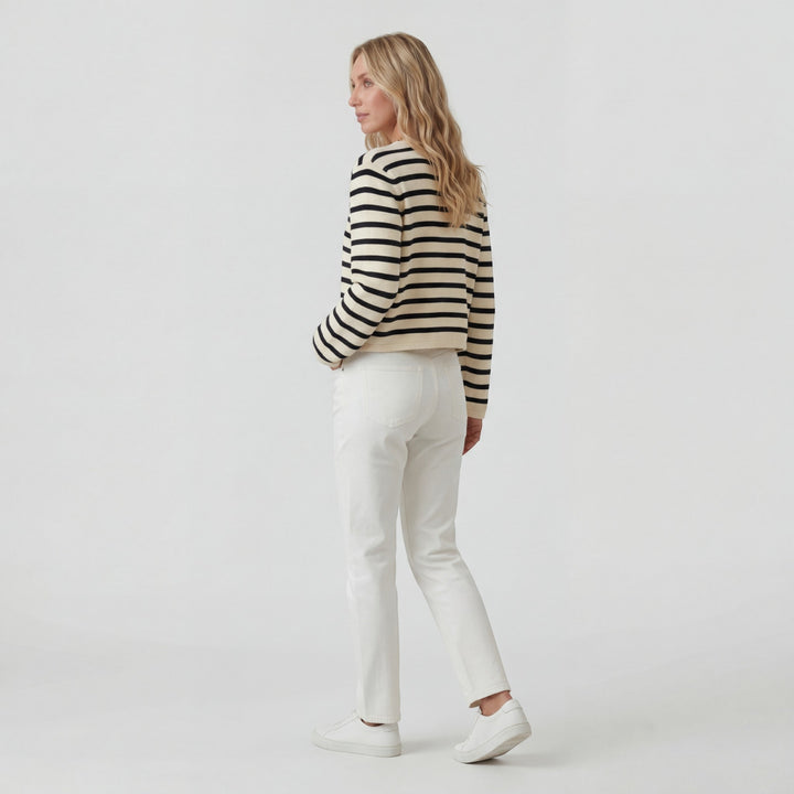 Damen kurzer Strickcardigan – Gestreift mit Knopfverschluss
