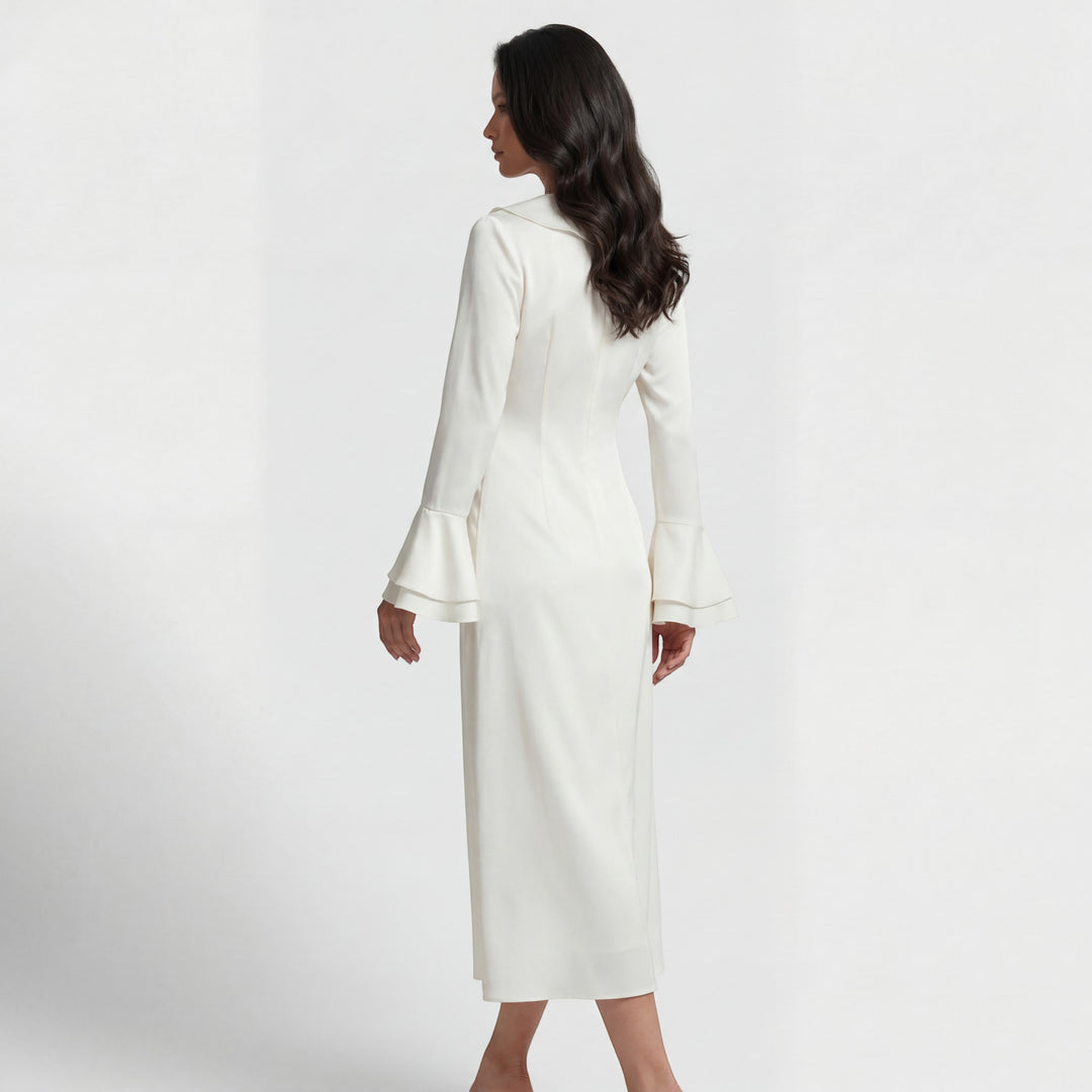 Damen Midikleid aus Stoff – Detail mit Volantkragen