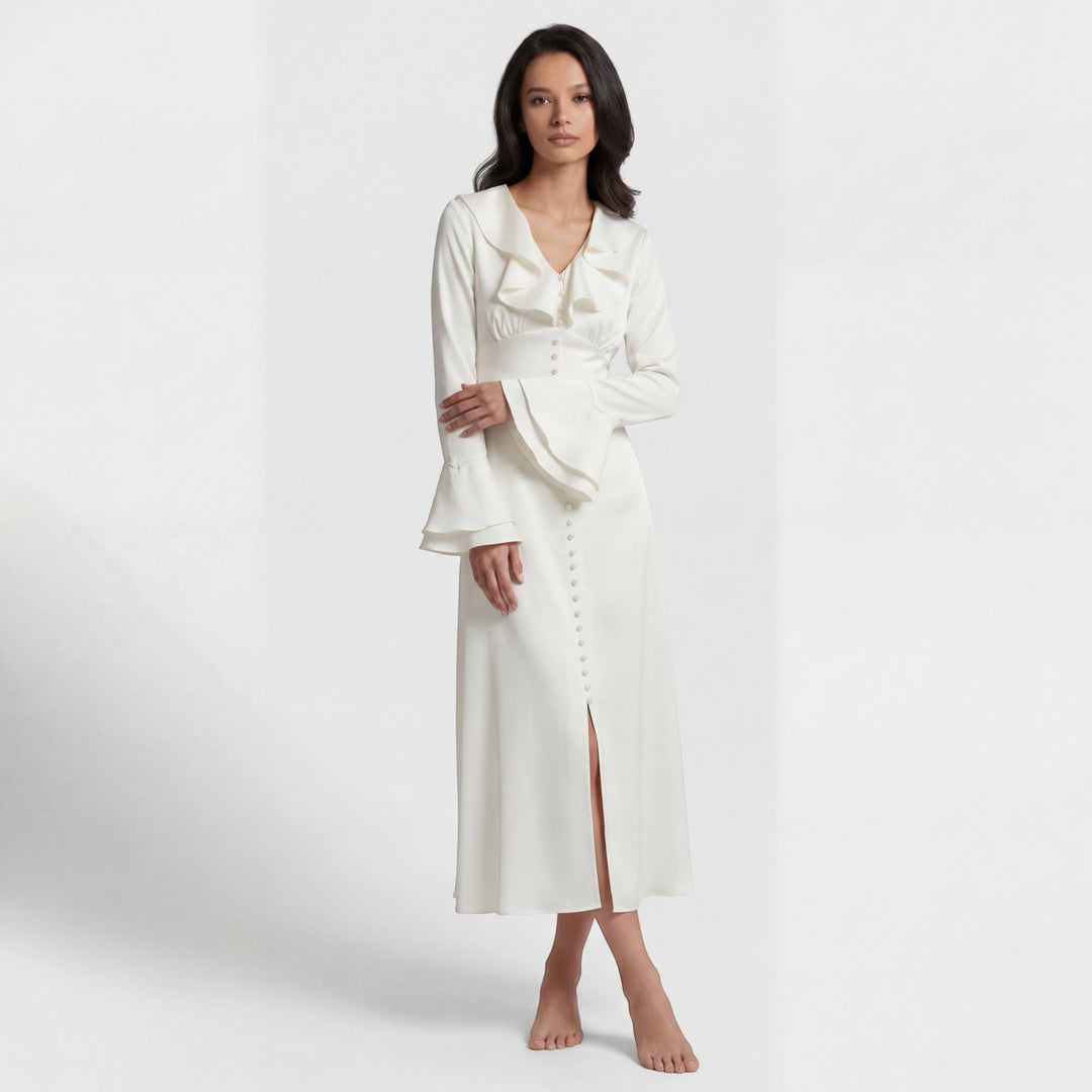Damen Midikleid aus Stoff – Detail mit Volantkragen