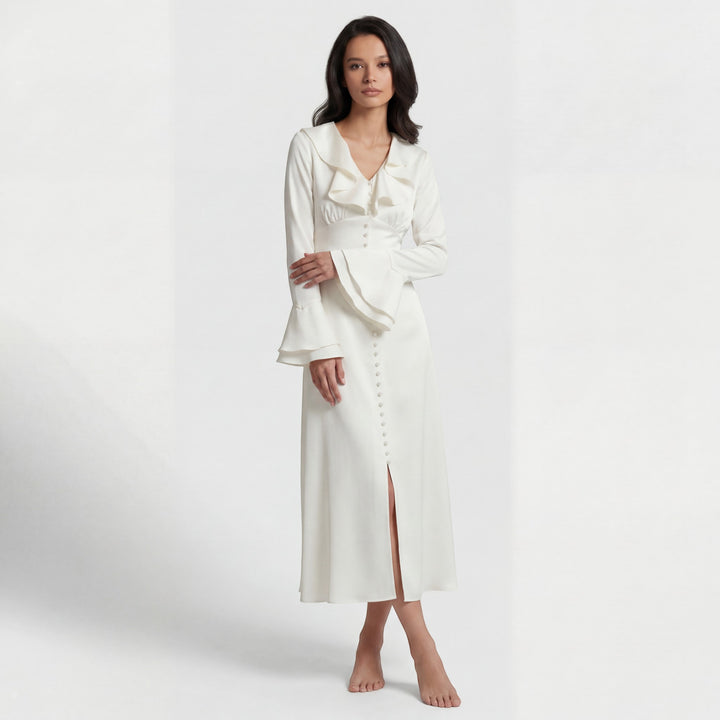 Damen Midikleid aus Stoff – Detail mit Volantkragen