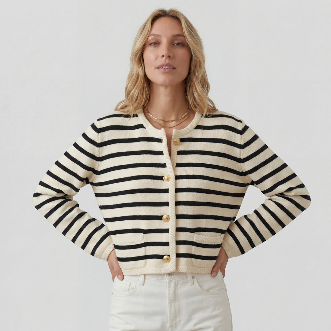 Damen kurzer Strickcardigan – Gestreift mit Knopfverschluss