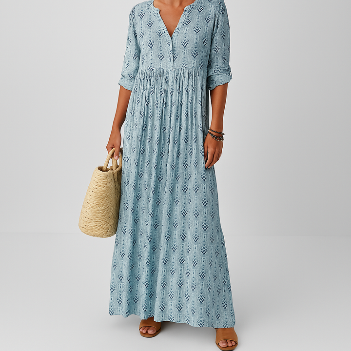 Langes Damenkleid im Boho-Stil mit V-Ausschnitt – Weite Passform, halblange Ärmel, leicht