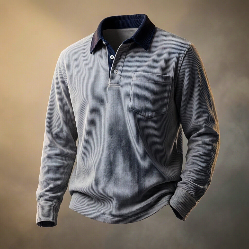 Herren-Poloshirt aus geripptem Samt mit langen Ärmeln – Smart-Casual Lässiger Schnitt