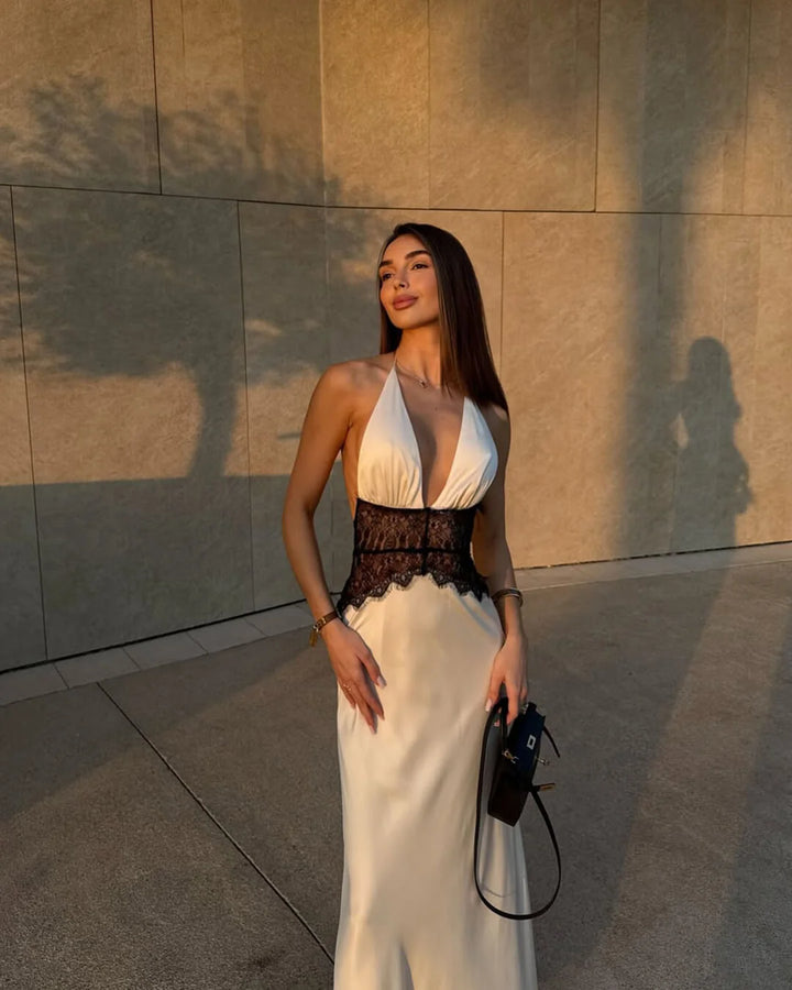 Robe Femme Satin Longue – Halter Sans Couture Fente Prononcée