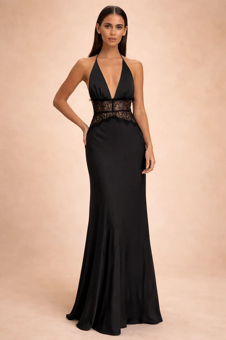 Robe Femme Satin Longue – Halter Sans Couture Fente Prononcée