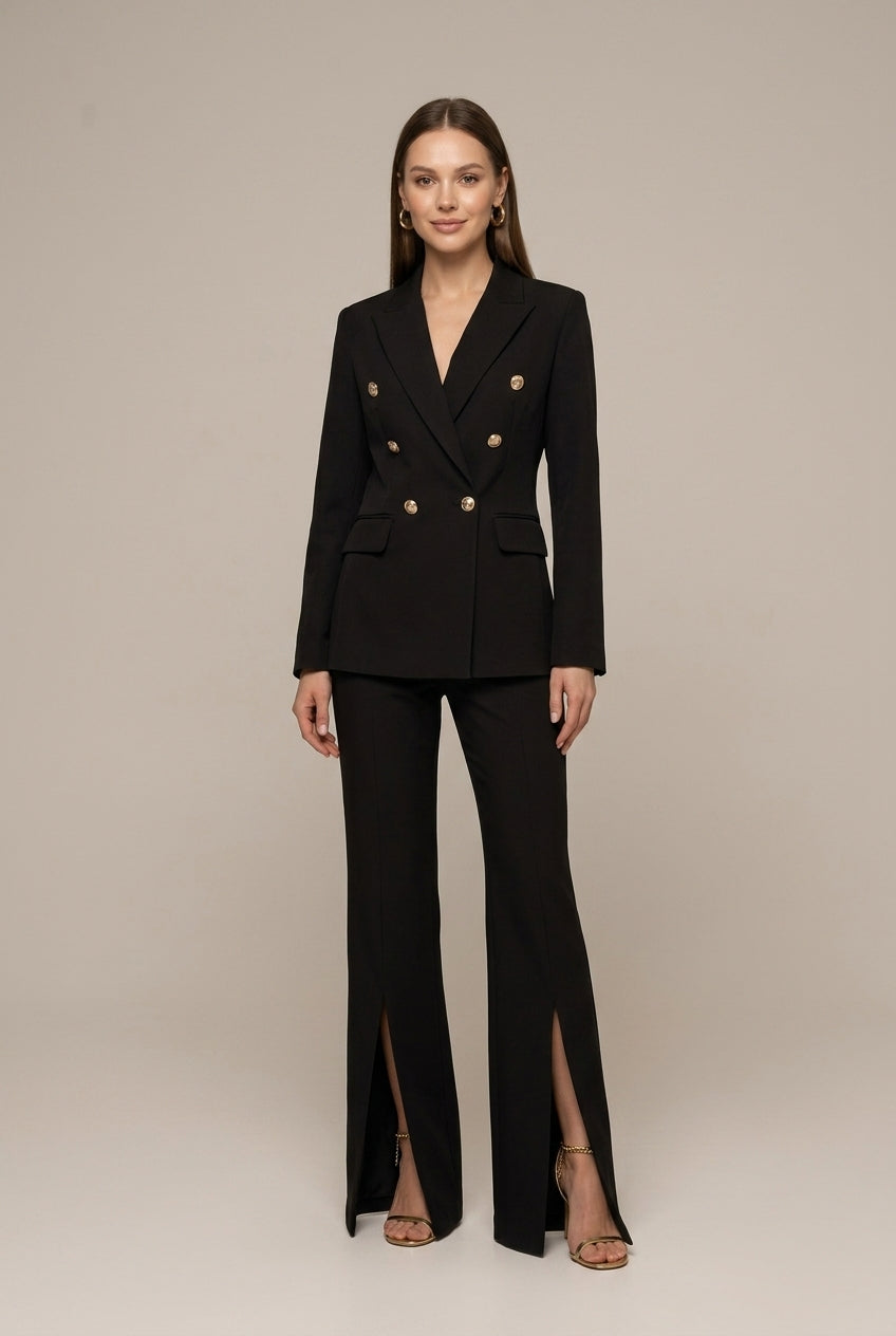 Tailleur donna doppiopetto – blazer con scollo a V e pantaloni svasati