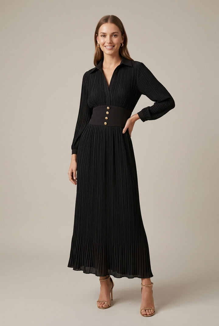 Women's Long Pleated Dress with V-Neck – Long Sleeves and Buttoned Belt