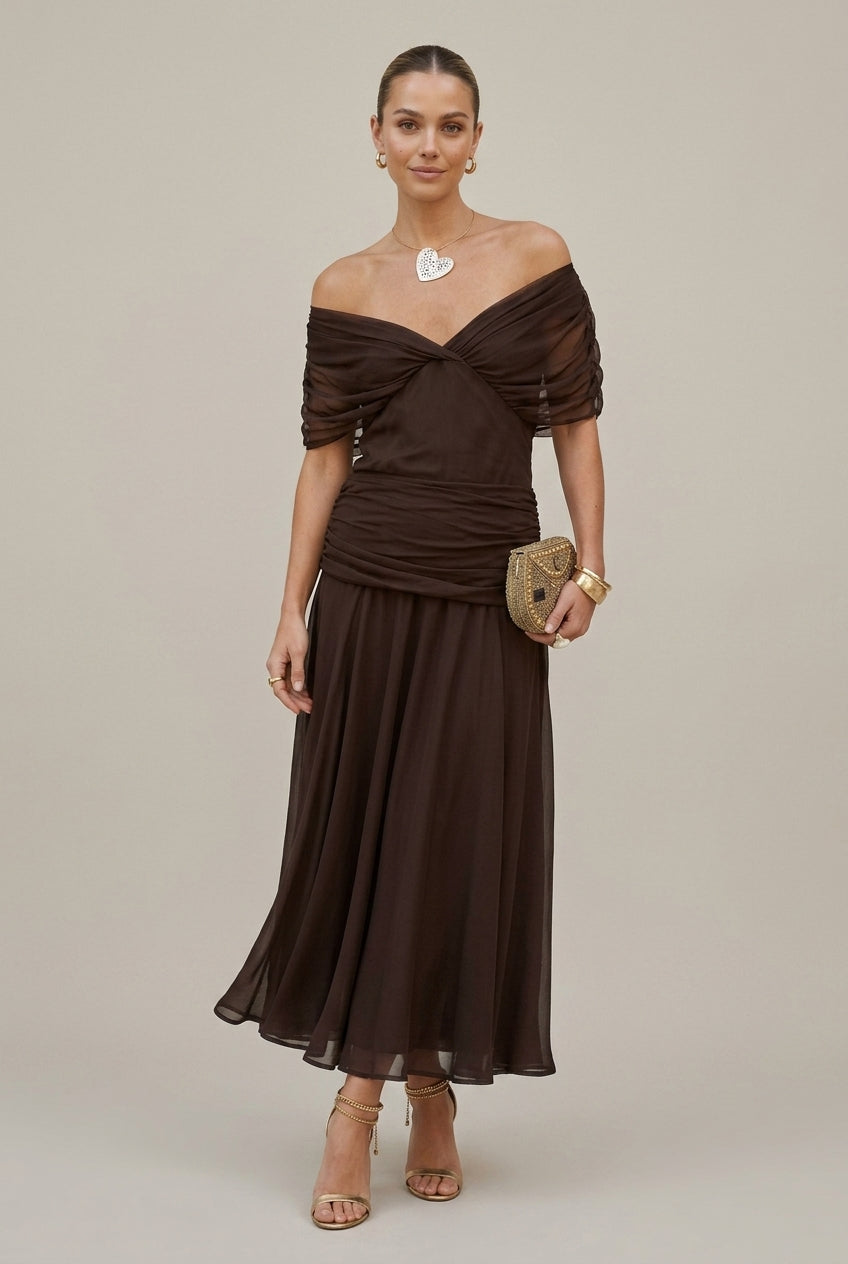 Women's Chiffon Maxi Dress – Bare Shoulders, Ruched Waist, Fluid Cut – Claire Mode