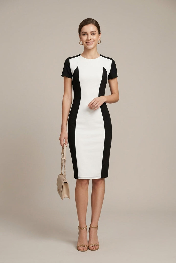 Vestito midi da donna in cotone – Collo tondo a blocchi di colore aderente