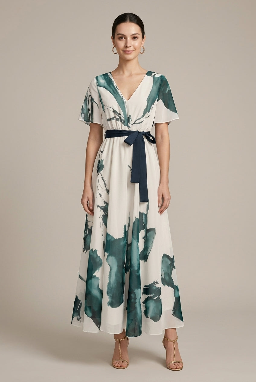 Women's Long Dress with Abstract Print – V-Neck Wrap Belted