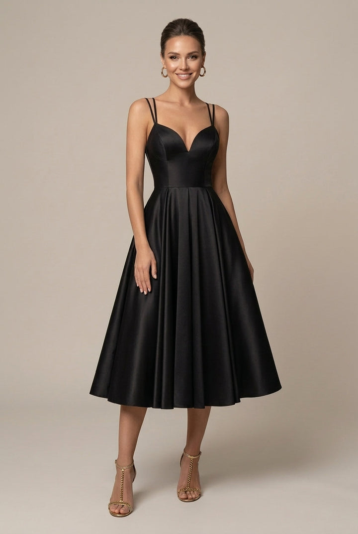 Midikleid für Damen A-Linie – V-Ausschnitt mit doppelten Trägern, ausgestellter Rock