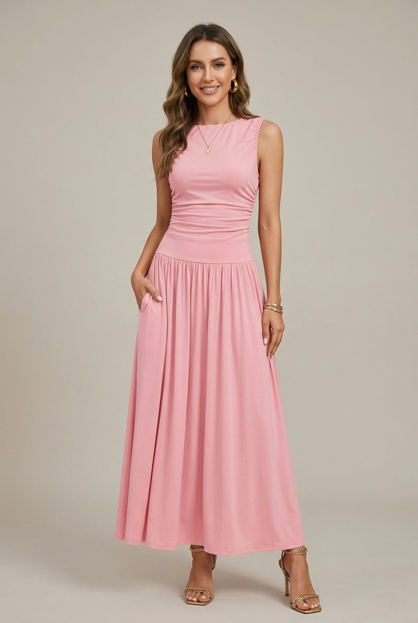 Ärmelloses langes Damenkleid – geraffte Taille und weiter Rock